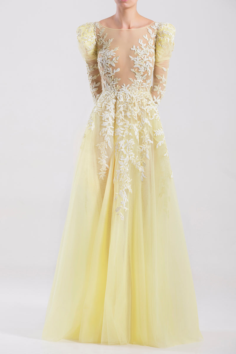 Long tulle embroidered Pastel Yellow ...
